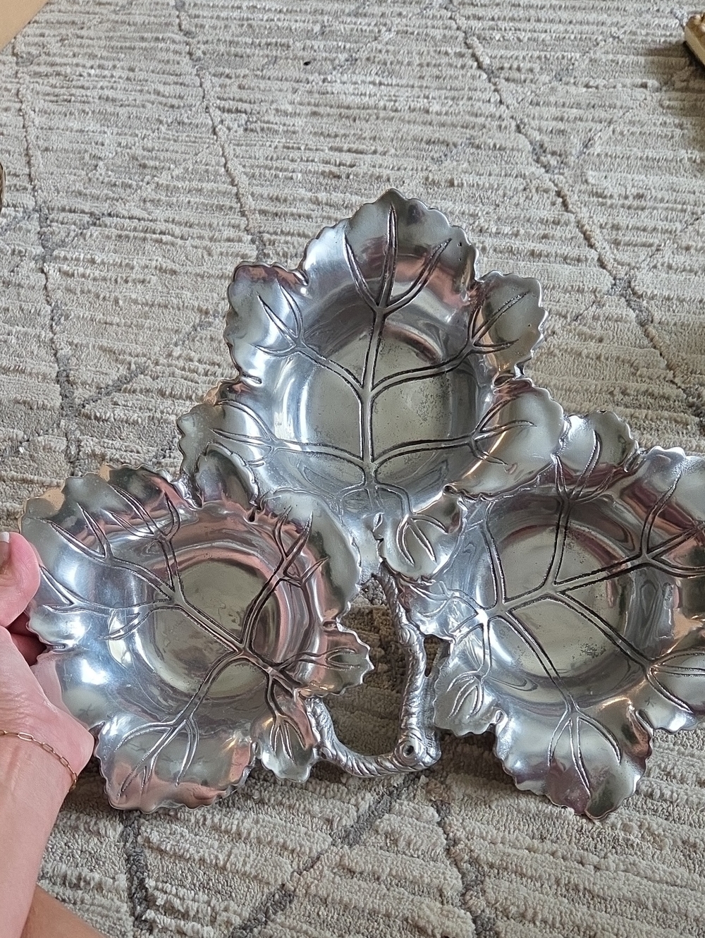Arthur Court Desin 13" AluminumDecorative Silver Leaf Three-Section Serving Dish